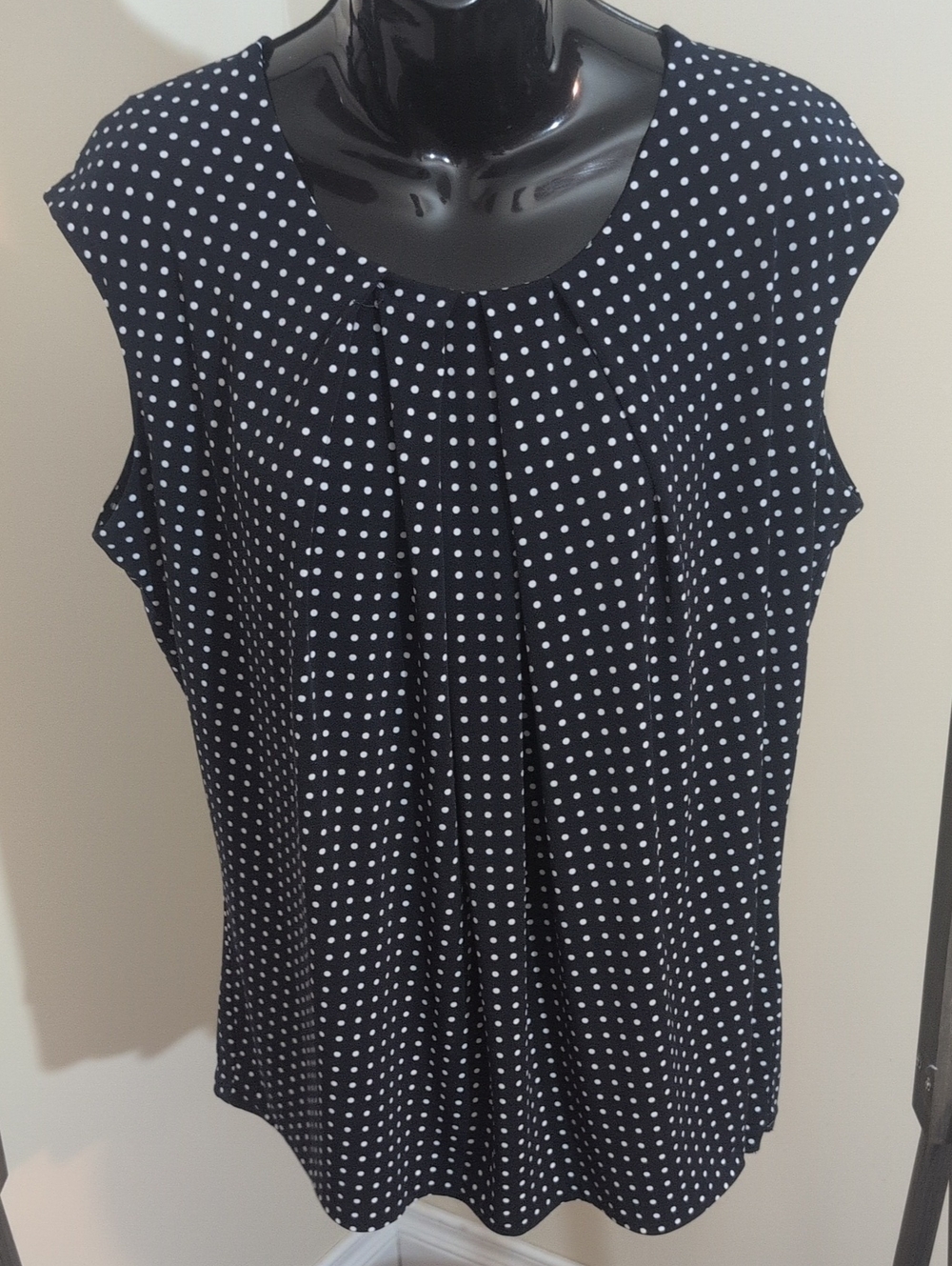 Anne Klein | Sleeveless Navy Polka Dot Pleated Women’s Top